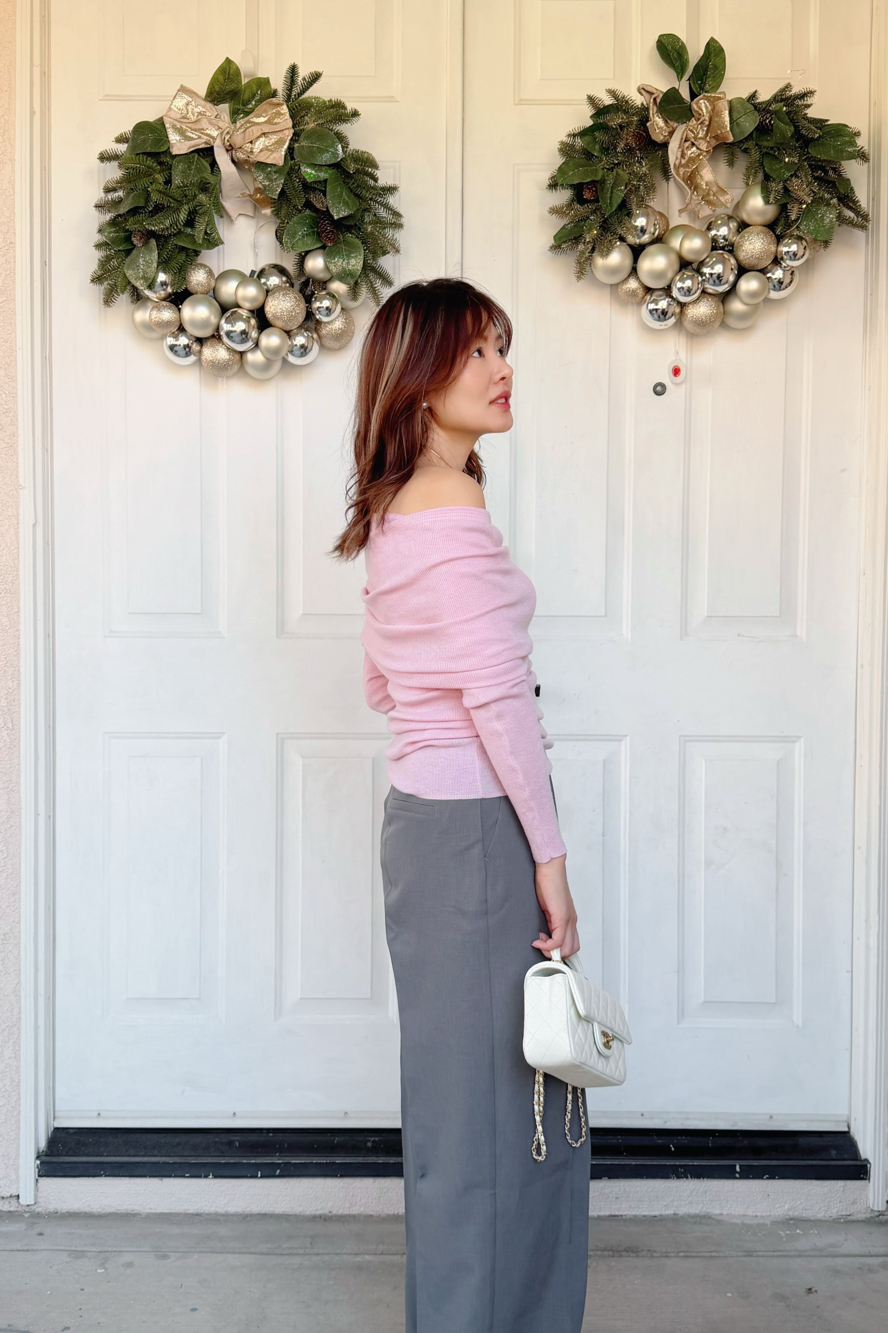 【Riko's collection】法式一字领露肩长袖毛衣樱花粉色