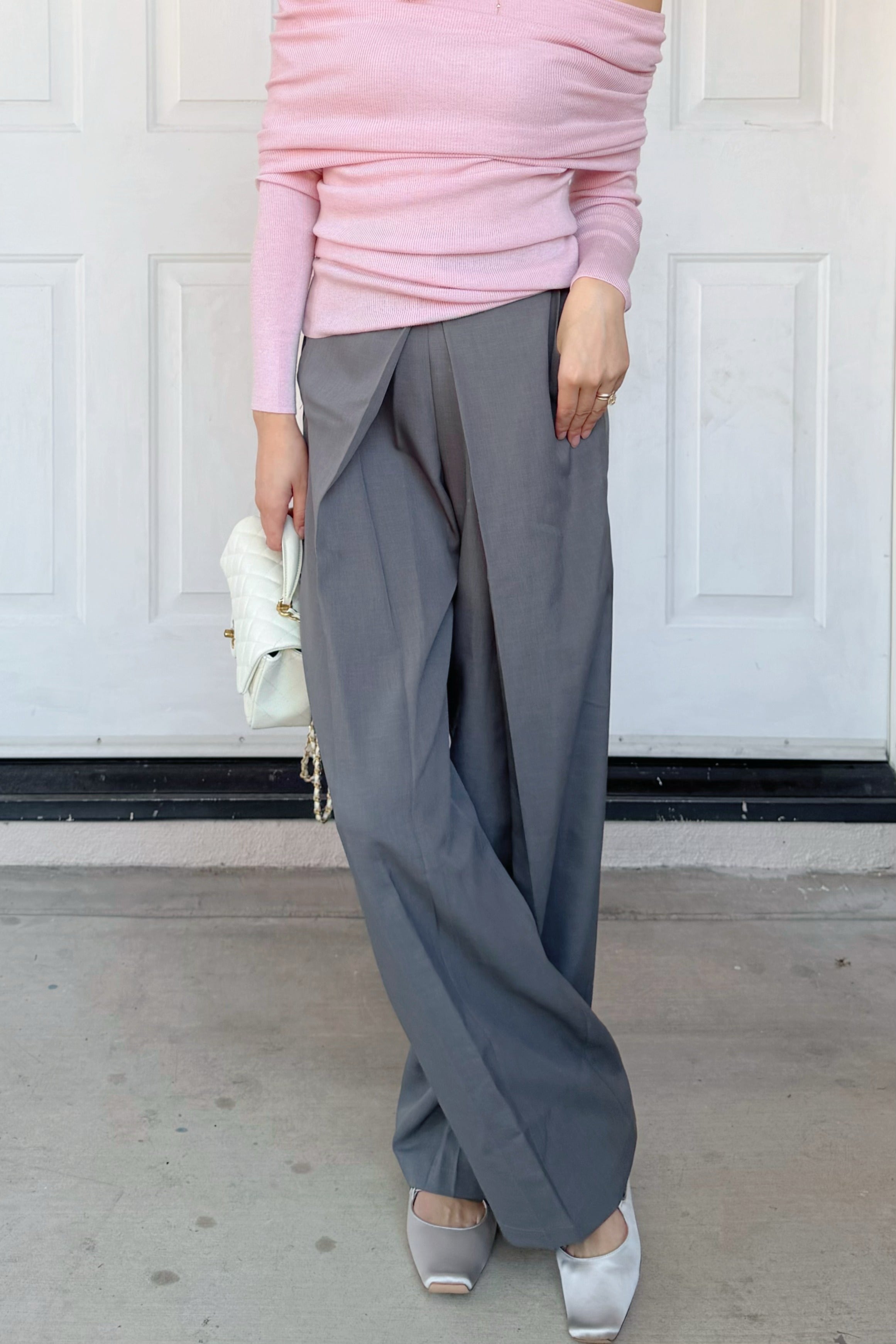 【Riko's collection】法式一字领露肩长袖毛衣樱花粉色