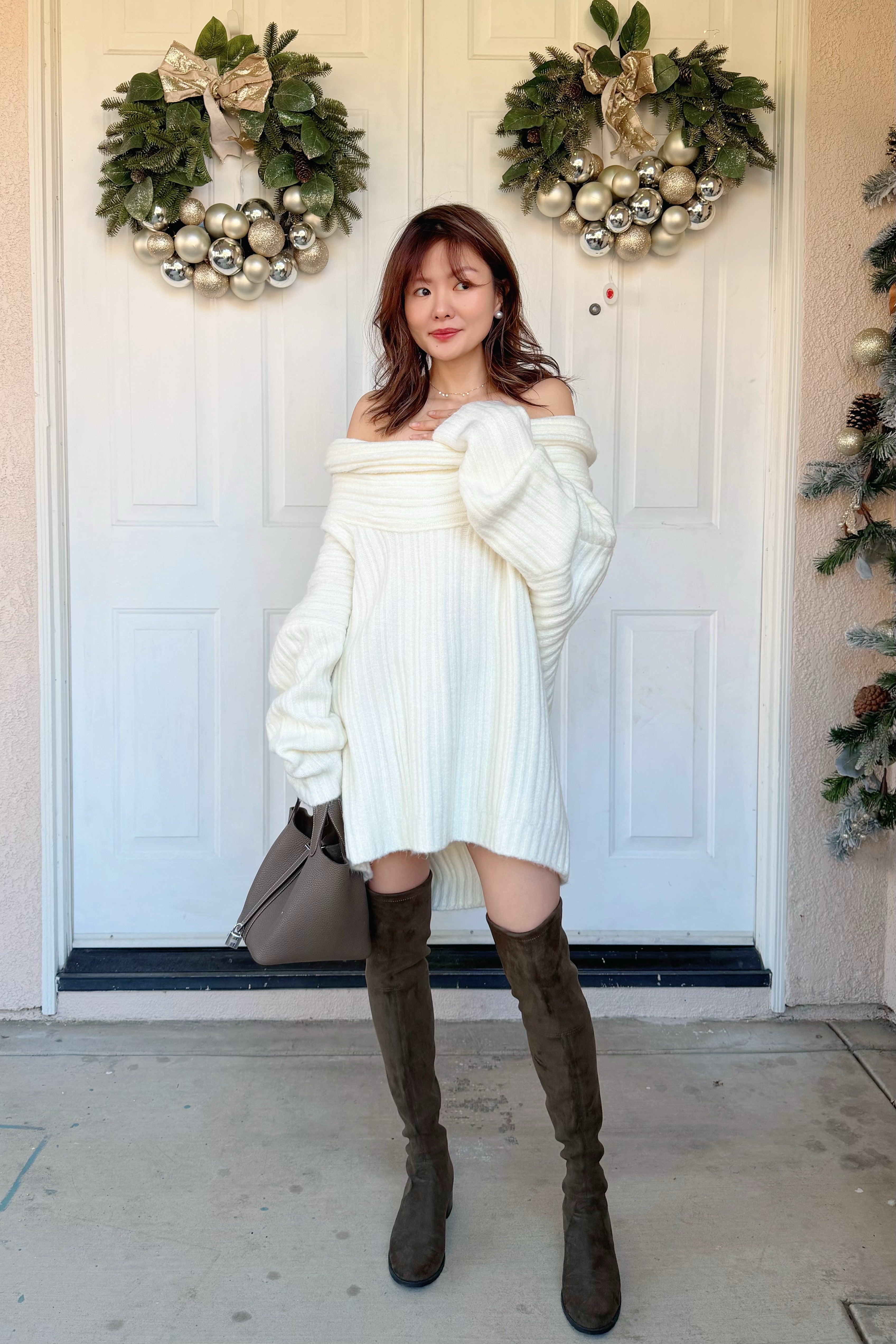 【Riko's collection】法式复古设计感一字领蝙蝠袖中长款毛衣