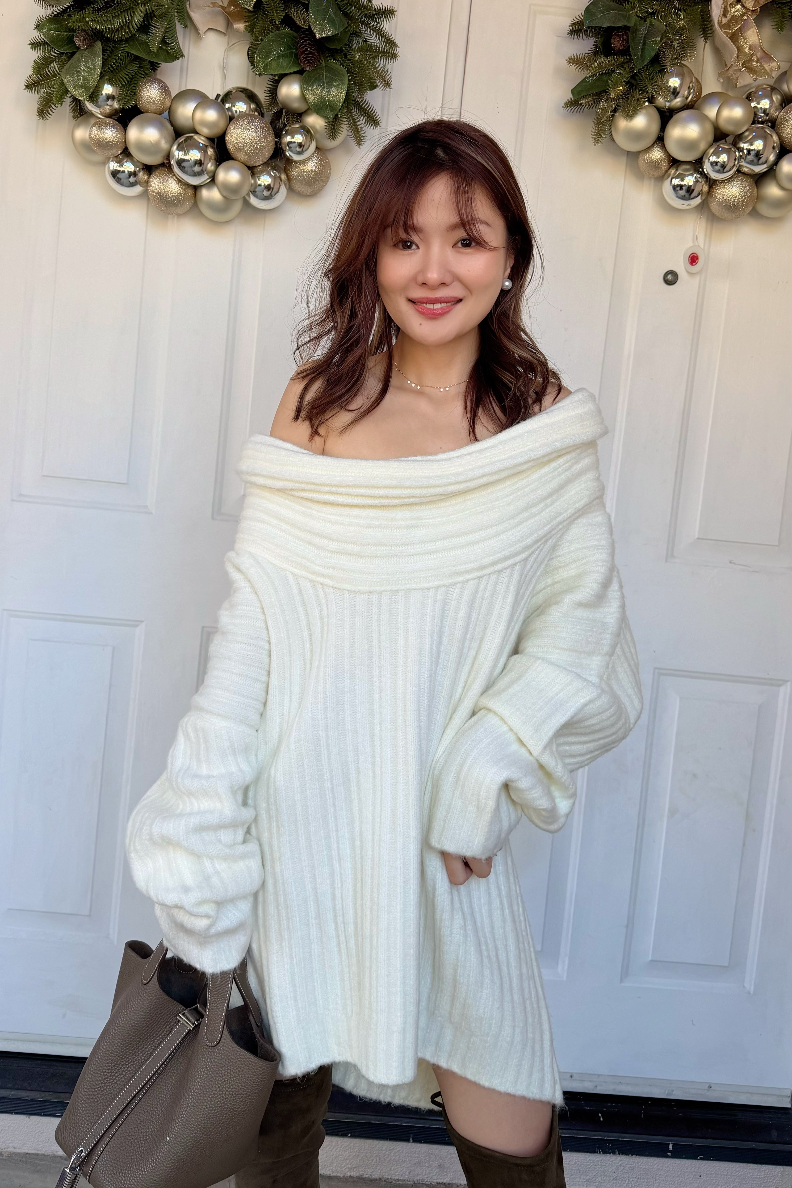 【Riko's collection】法式复古设计感一字领蝙蝠袖中长款毛衣