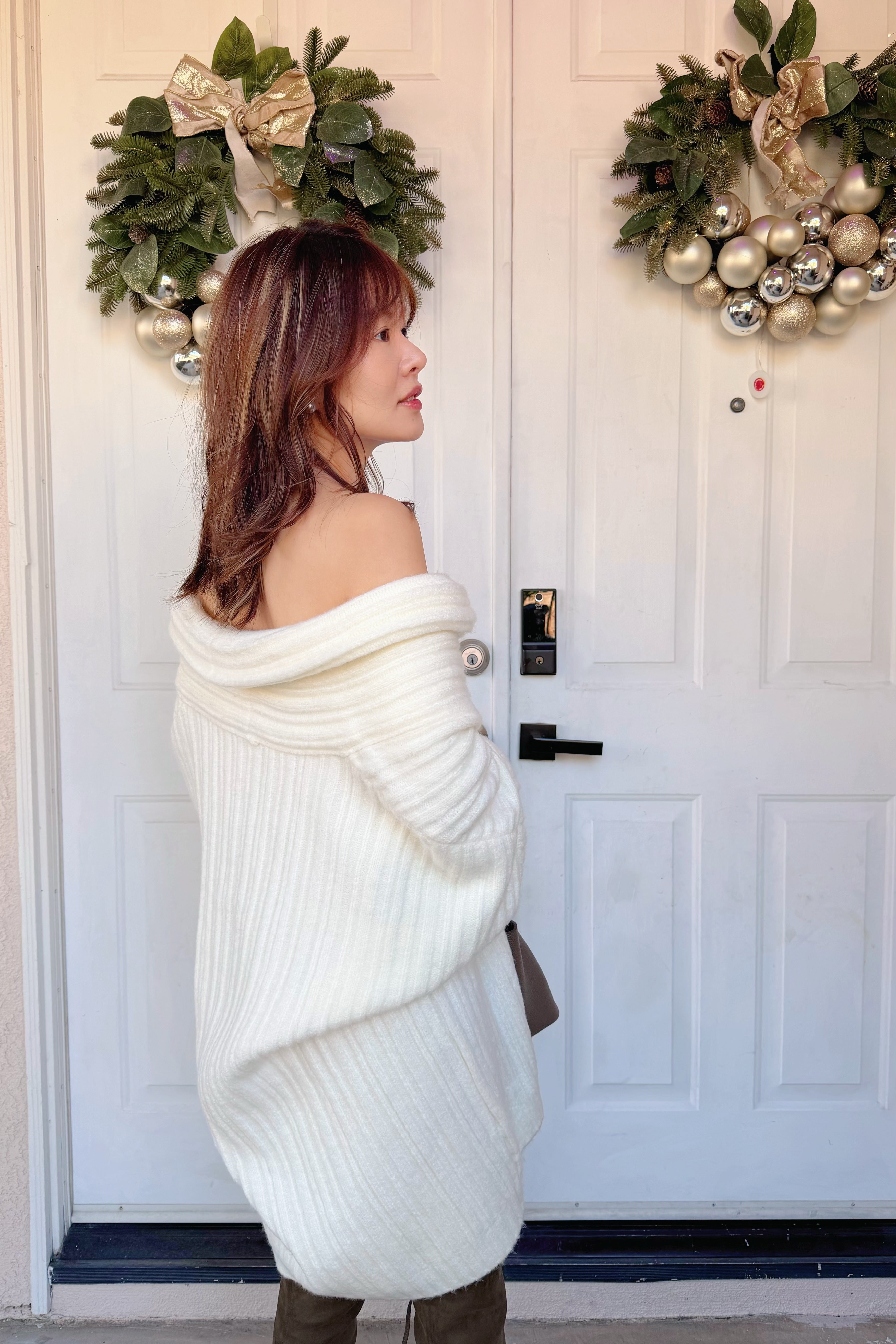 【Riko's collection】法式复古设计感一字领蝙蝠袖中长款毛衣