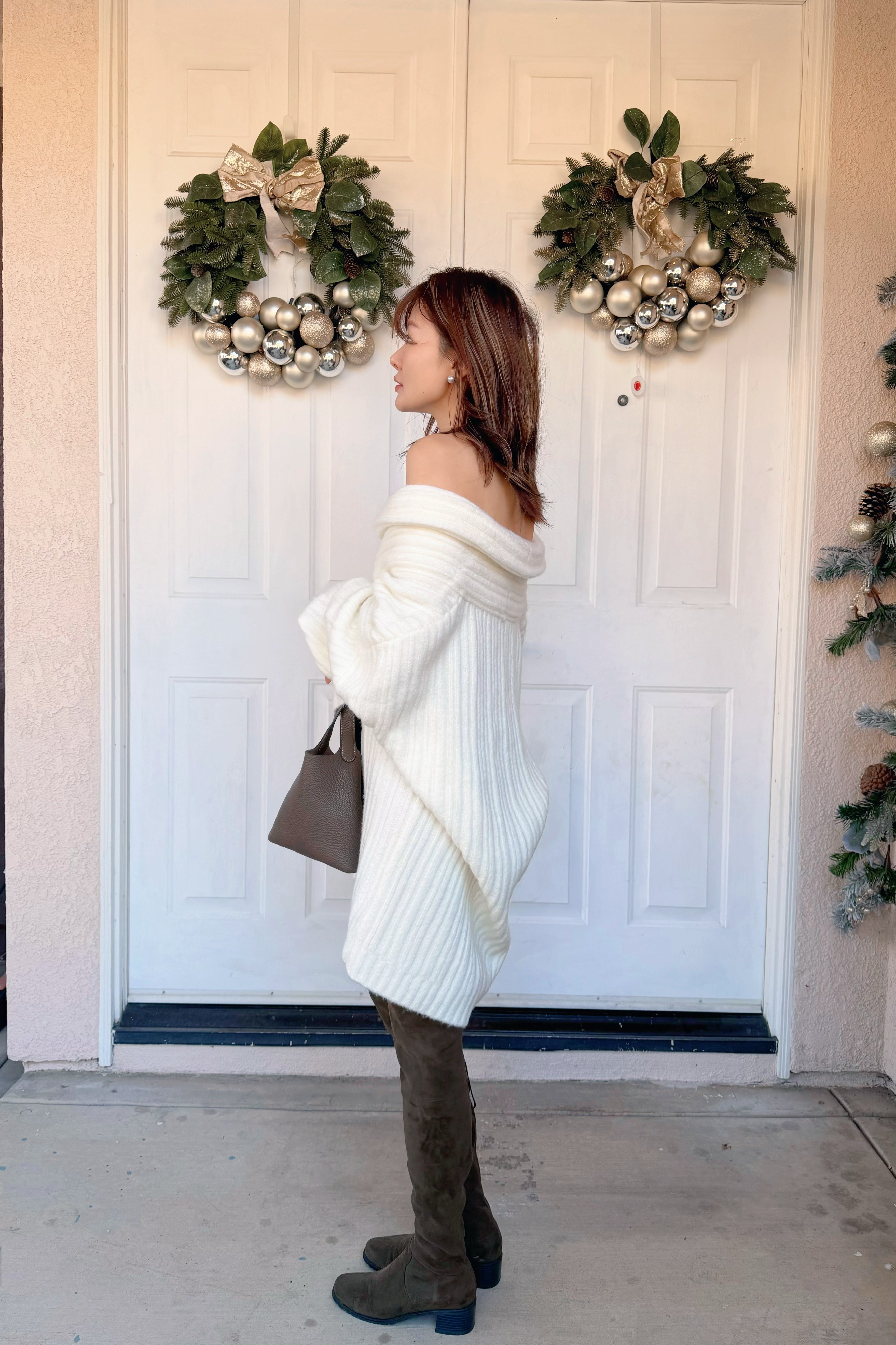 【Riko's collection】法式复古设计感一字领蝙蝠袖中长款毛衣