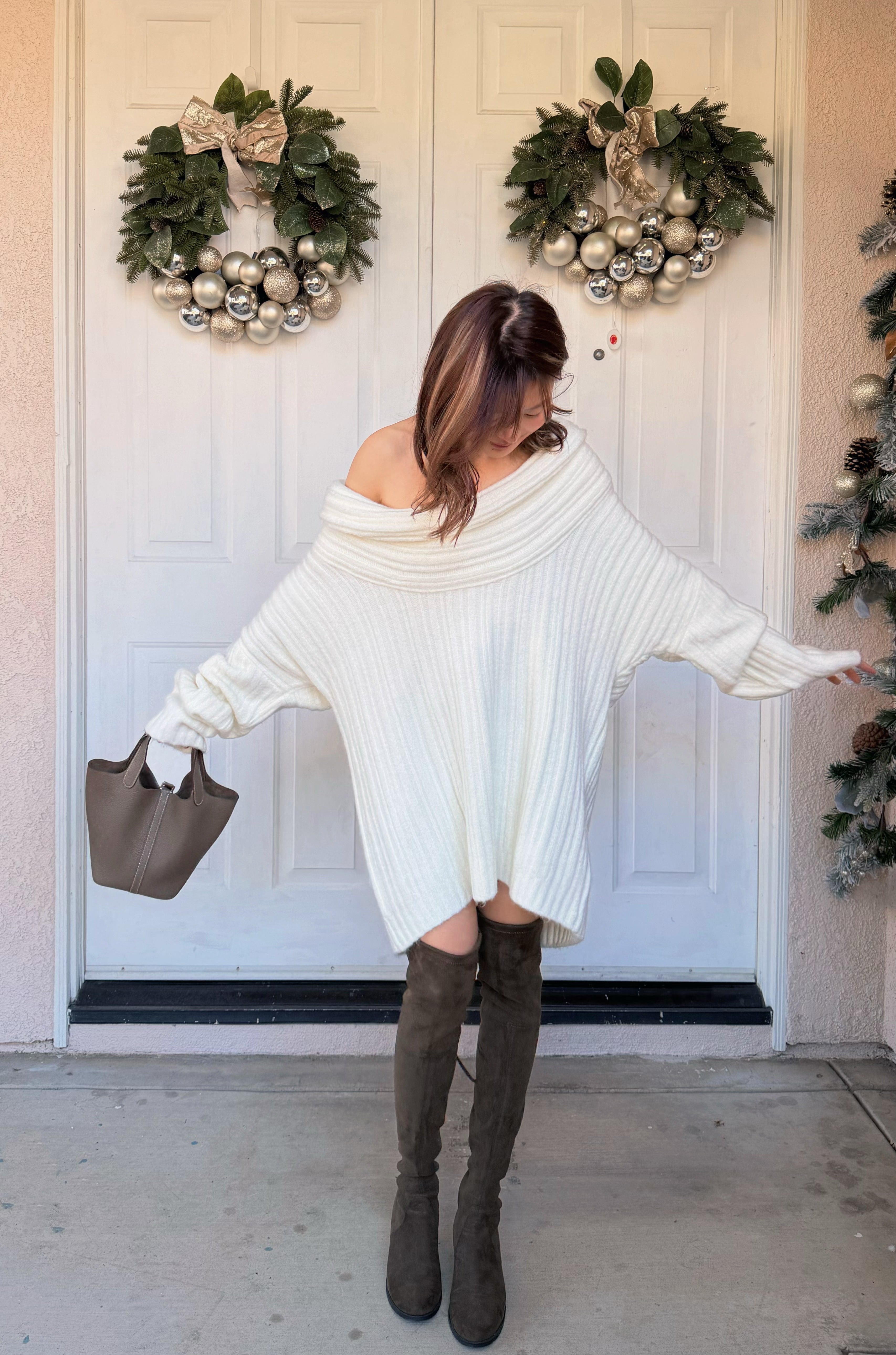 【Riko's collection】法式复古设计感一字领蝙蝠袖中长款毛衣