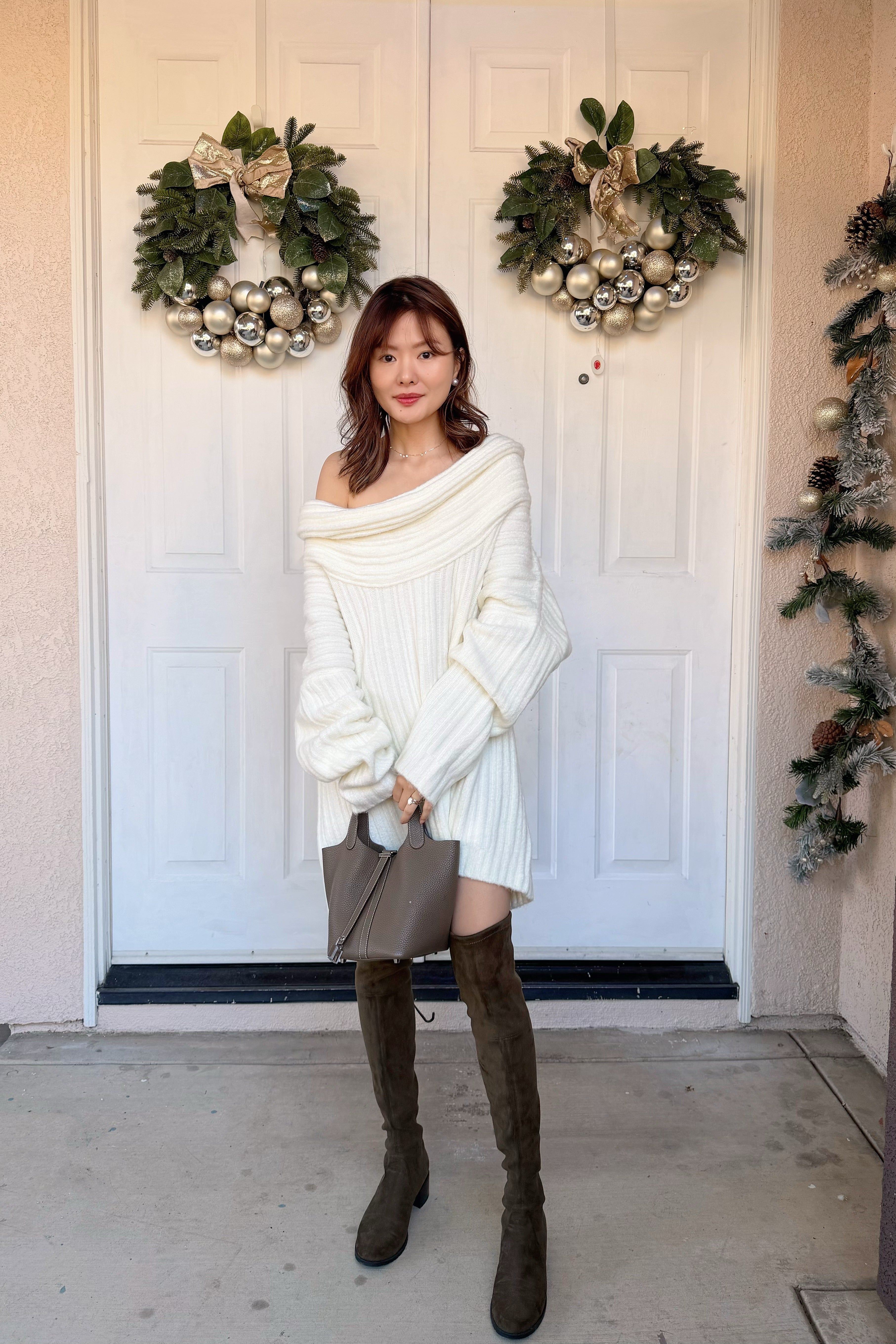 【Riko's collection】法式复古设计感一字领蝙蝠袖中长款毛衣