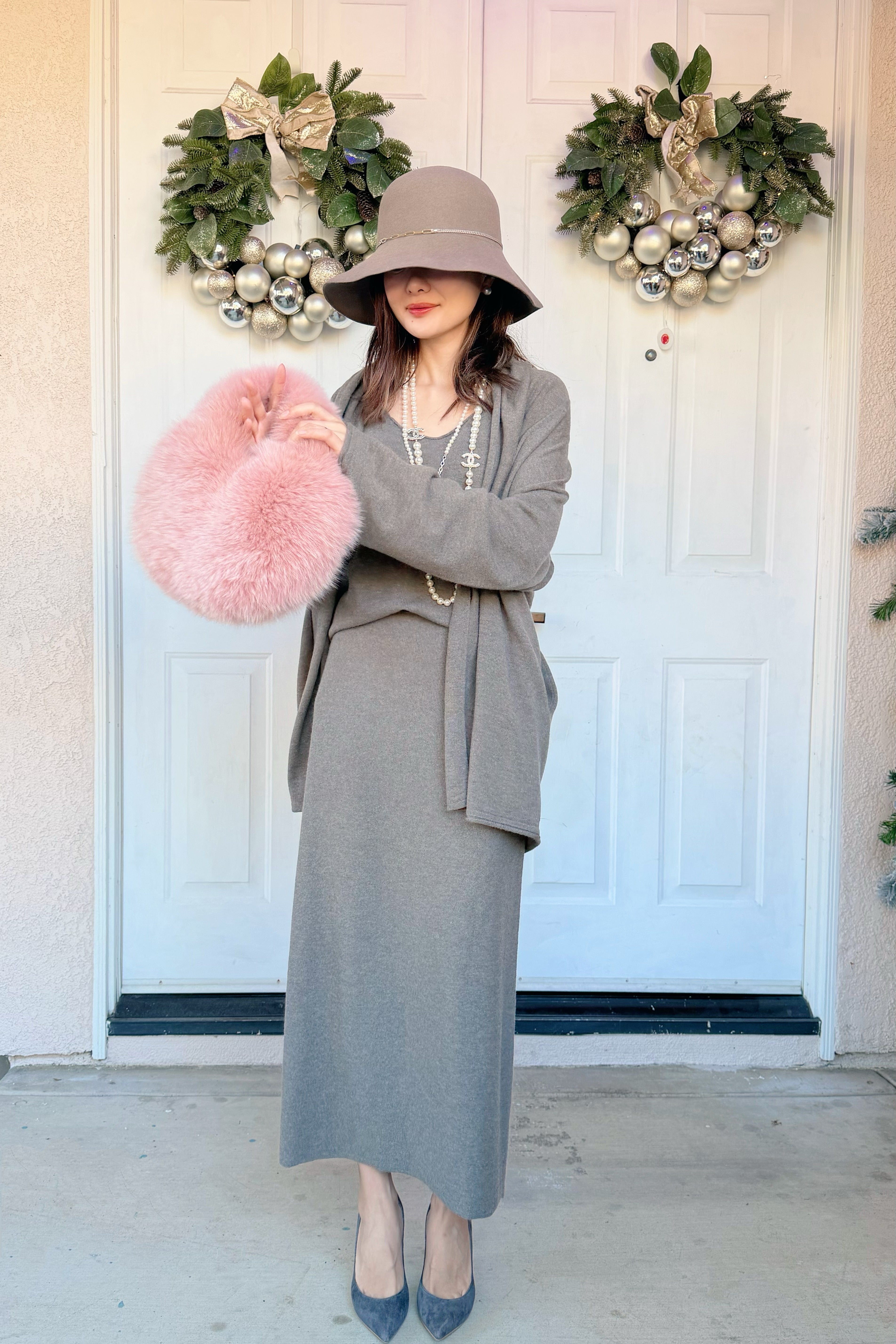 【Riko's collection】纯羊毛慵懒风卷边针织开衫吊带半裙三件套（105斤左右）