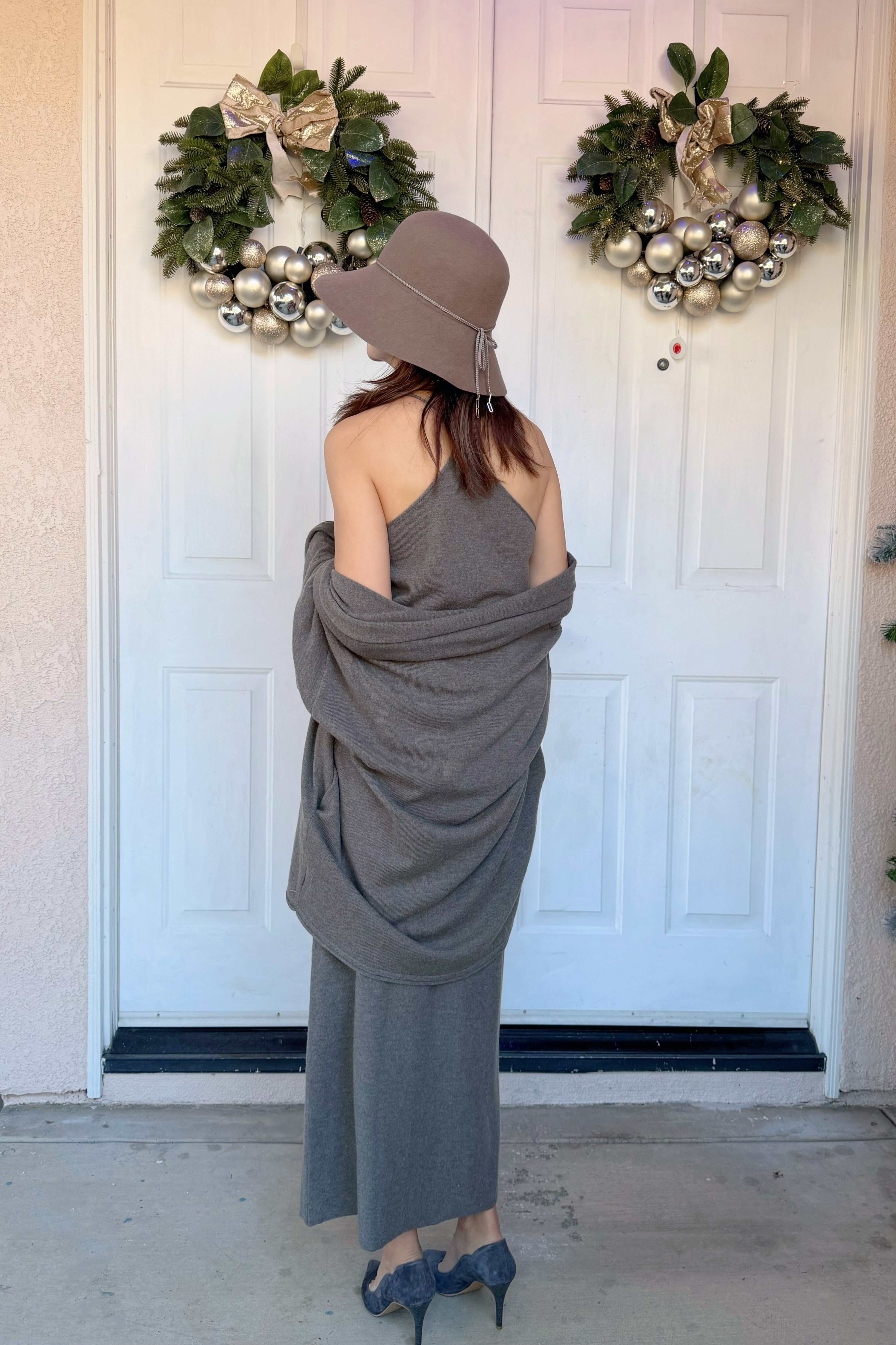 【Riko's collection】纯羊毛慵懒风卷边针织开衫吊带半裙三件套（105斤左右）