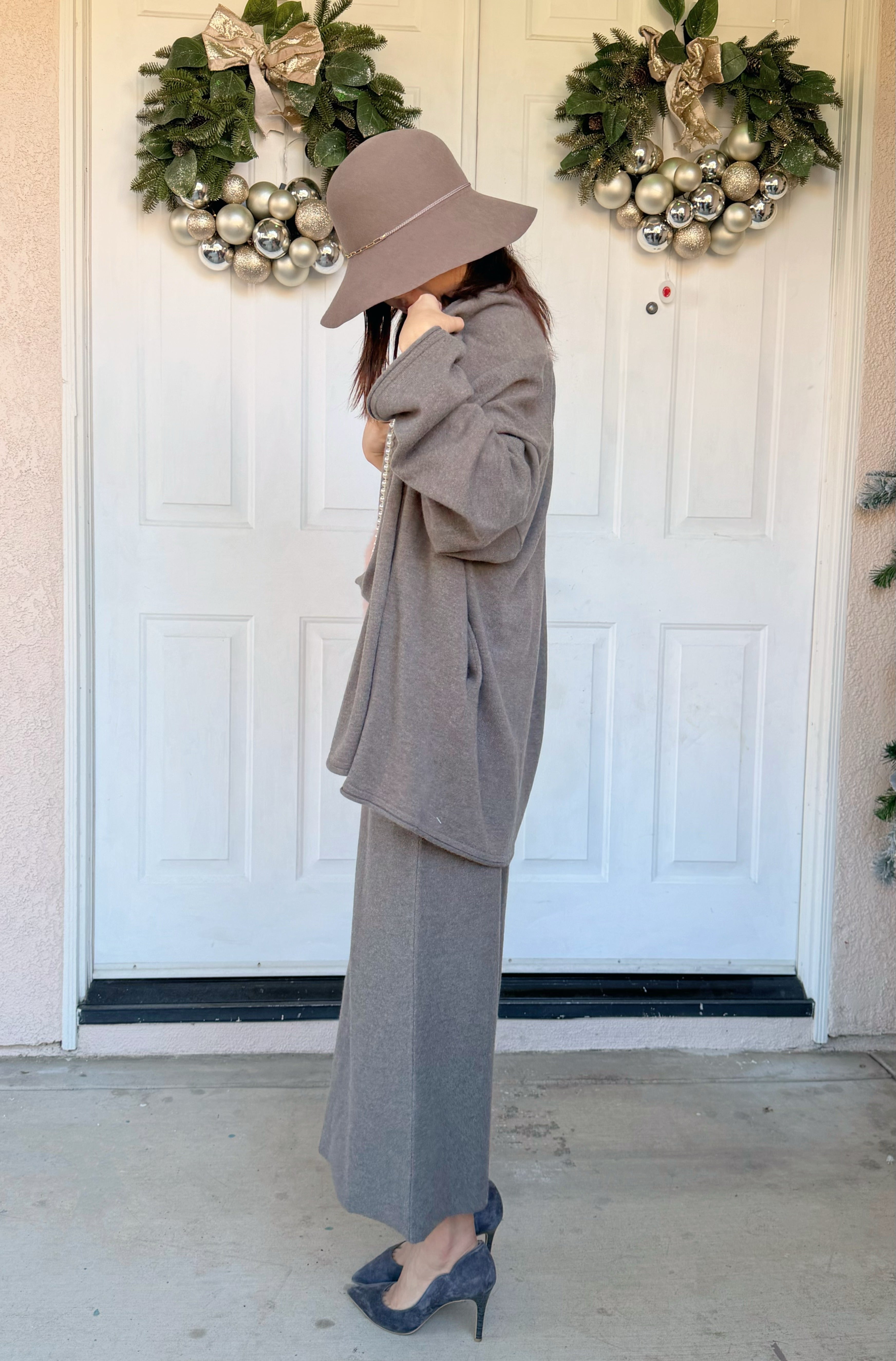 【Riko's collection】纯羊毛慵懒风卷边针织开衫吊带半裙三件套（105斤左右）