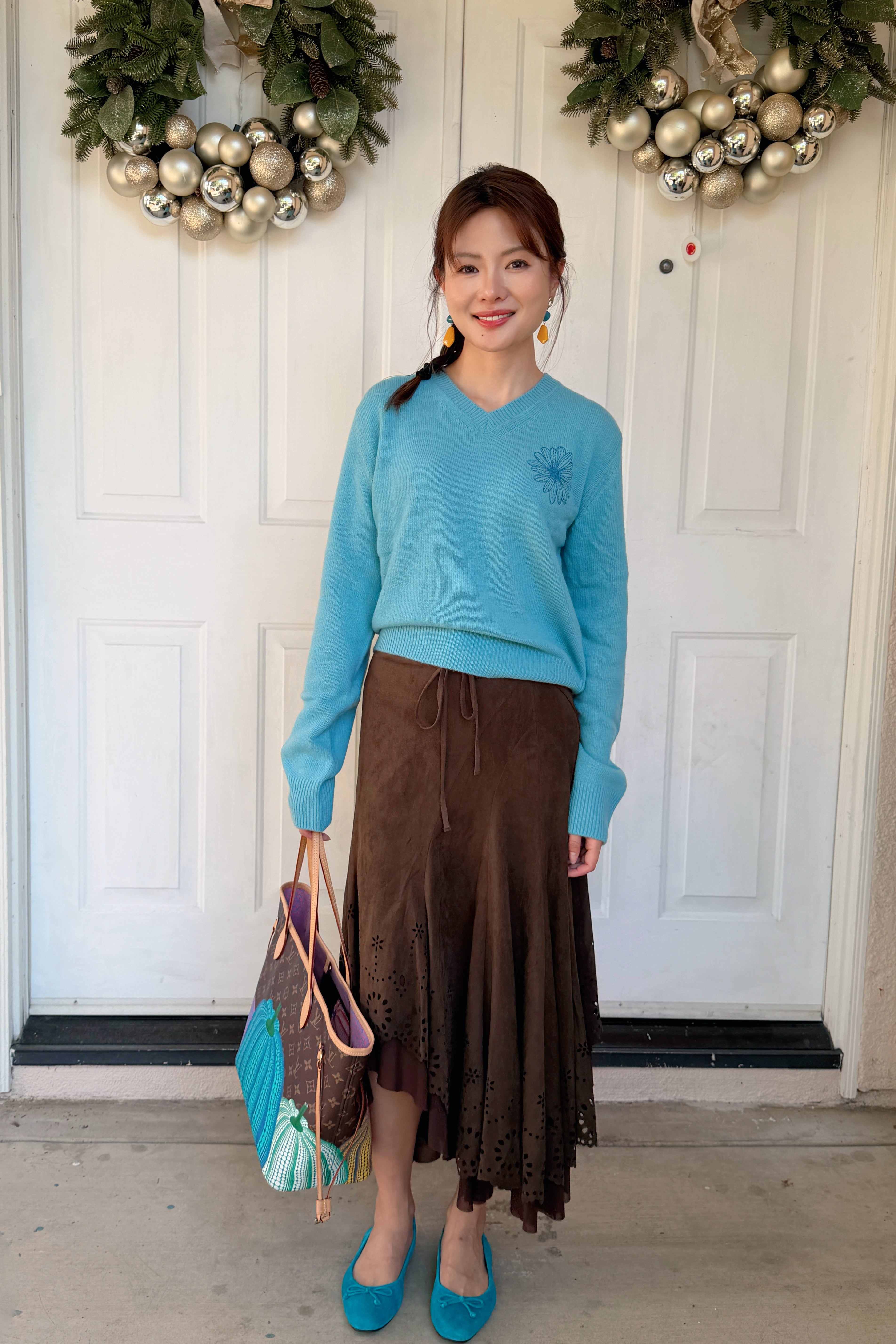 韩国 Mardi Mercredi 小雏菊V领毛衣 蓝色小蓝雏菊 均码