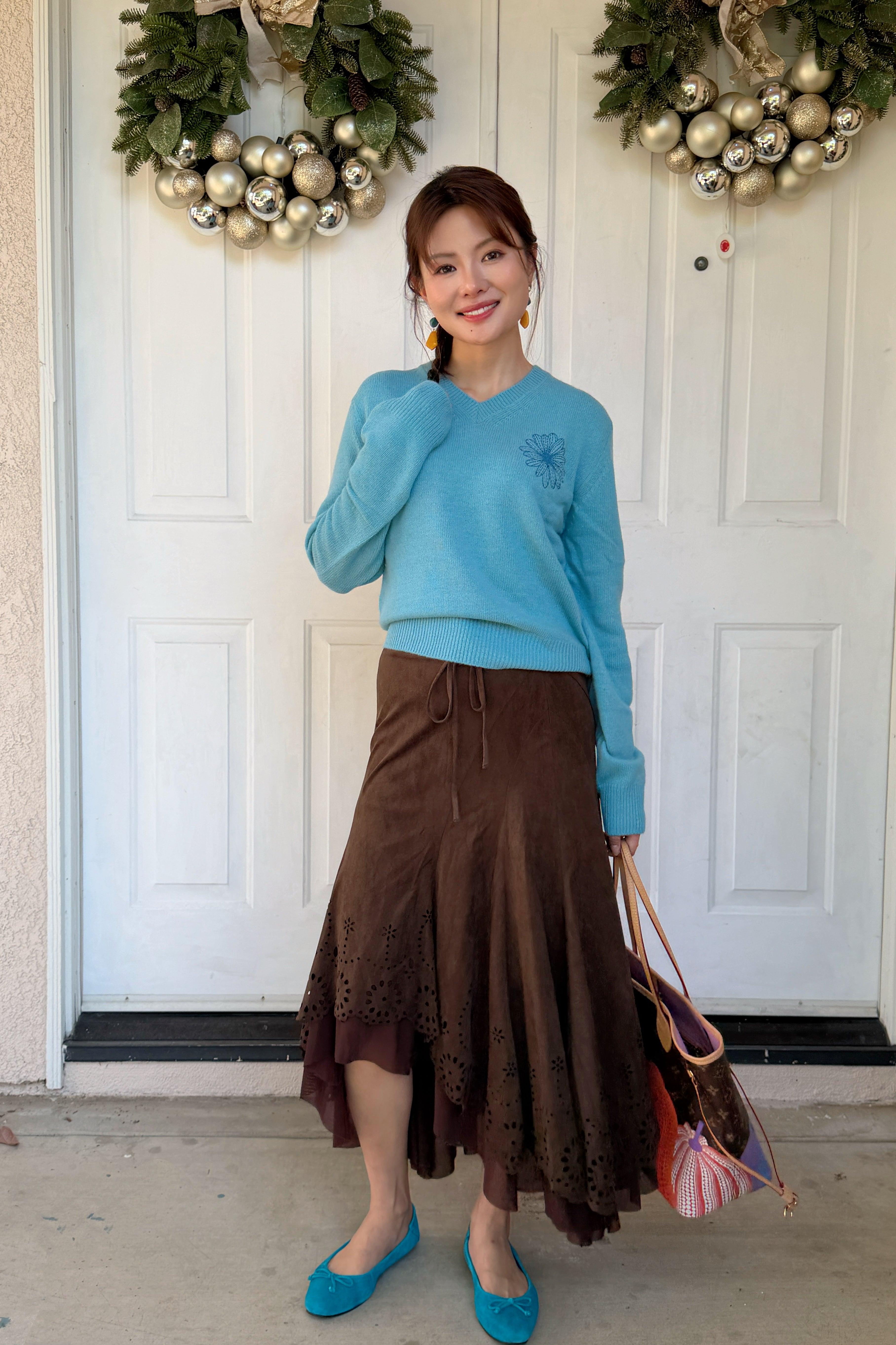 韩国 Mardi Mercredi 小雏菊V领毛衣 蓝色小蓝雏菊 均码