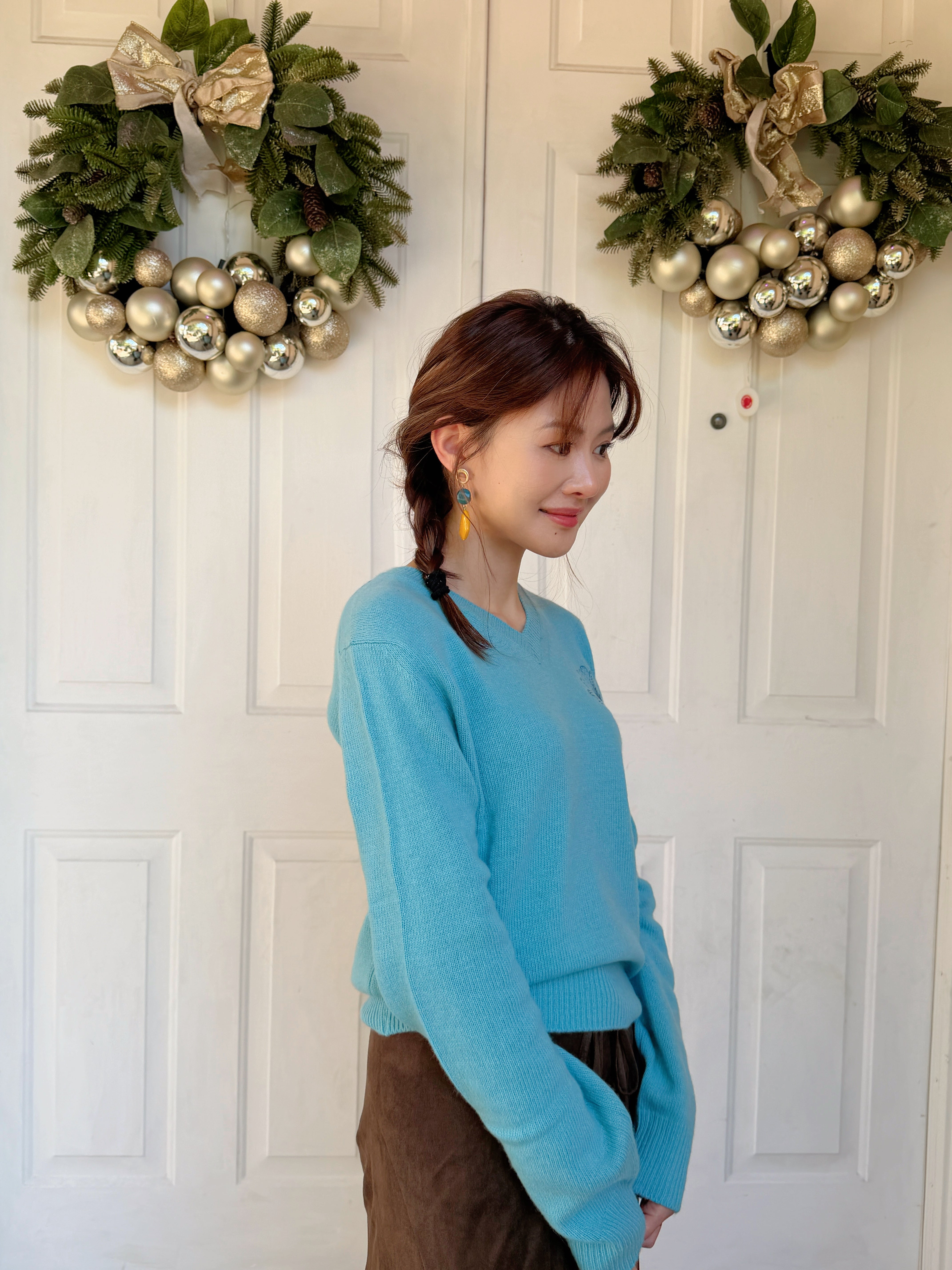 韩国 Mardi Mercredi 小雏菊V领毛衣 蓝色小蓝雏菊 均码