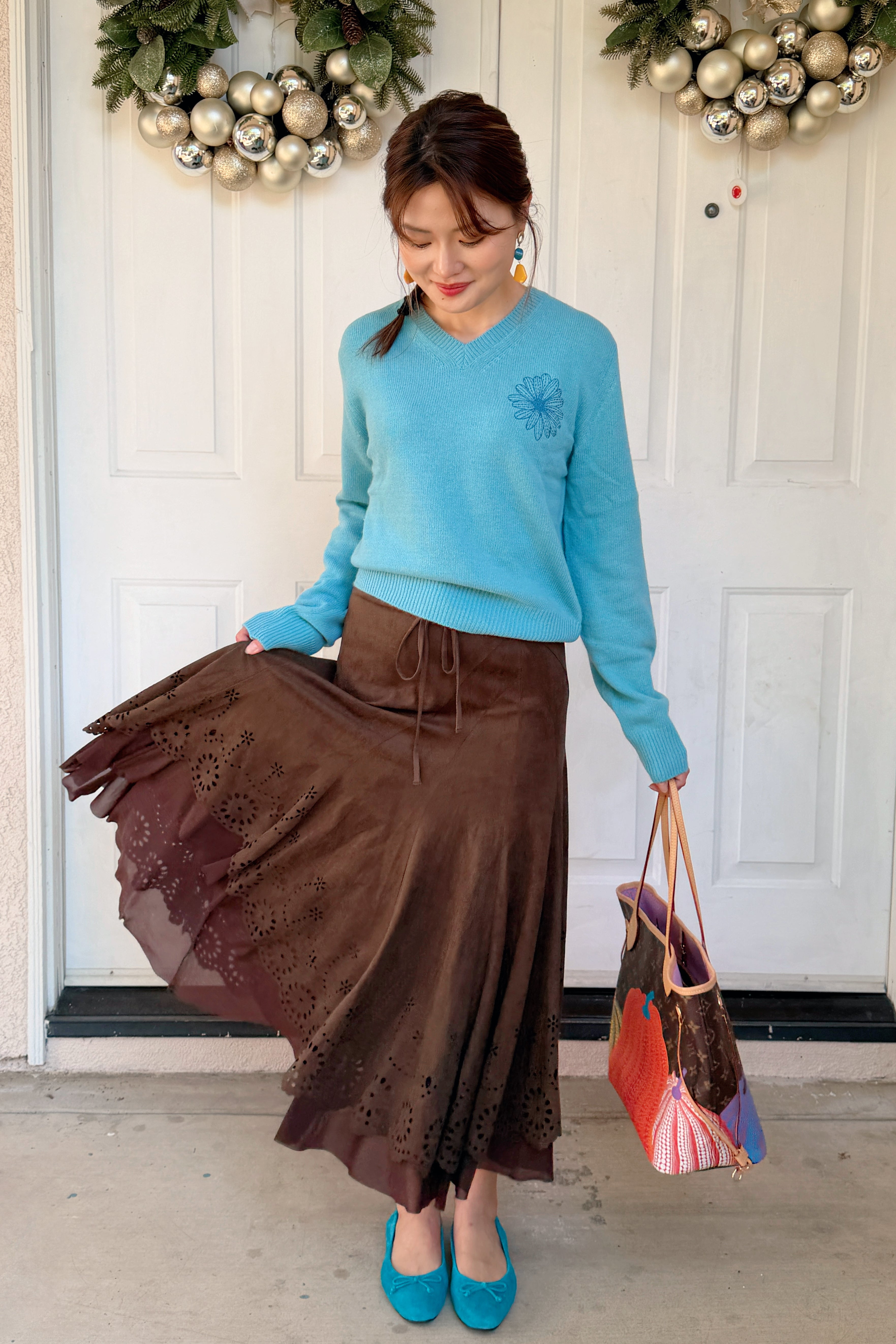 韩国 Mardi Mercredi 小雏菊V领毛衣 蓝色小蓝雏菊 均码