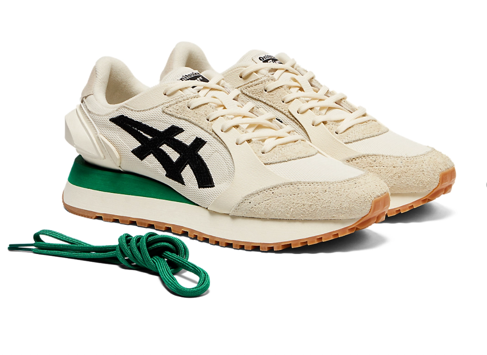 Onitsuka Tiger MOAGE CO White&Green 鬼冢虎 舒适系带休闲老爹鞋 厚底增高 米色【材质：织物+牛剖皮革】