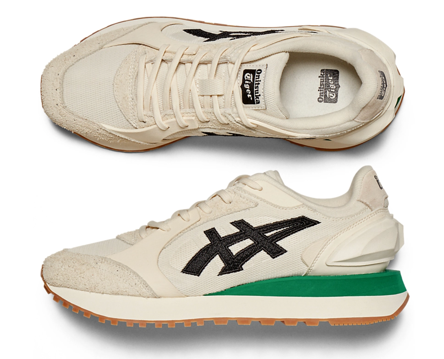 Onitsuka Tiger MOAGE CO White&Green 鬼冢虎 舒适系带休闲老爹鞋 厚底增高 米色【材质：织物+牛剖皮革】