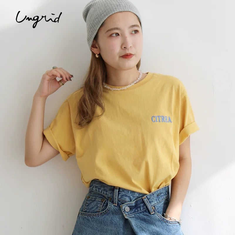 日本ungrid春季新品  女士夏季纯色纯棉马卡龙色刺绣短袖T恤上衣
