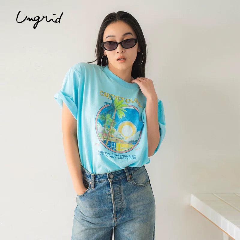 日本ungrid春季新品  棕榈树 女士夏季宽松印花T恤
