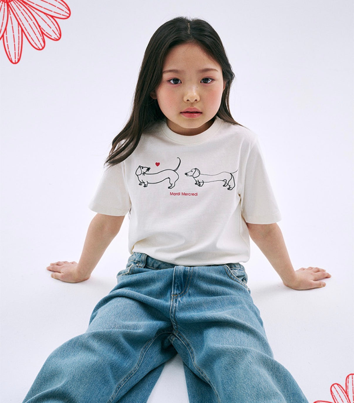 Mardi Mercredi Kids Tshirt Drawing Ddanji Line Cream 韩国 儿童纯棉T恤 画作线条小狗 奶油色