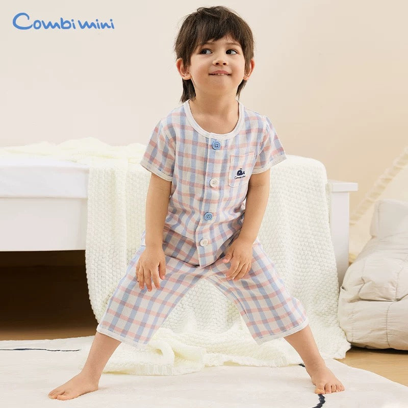 日本 combimini  新款超柔纱布棉 格子小鲸鱼家居服套装