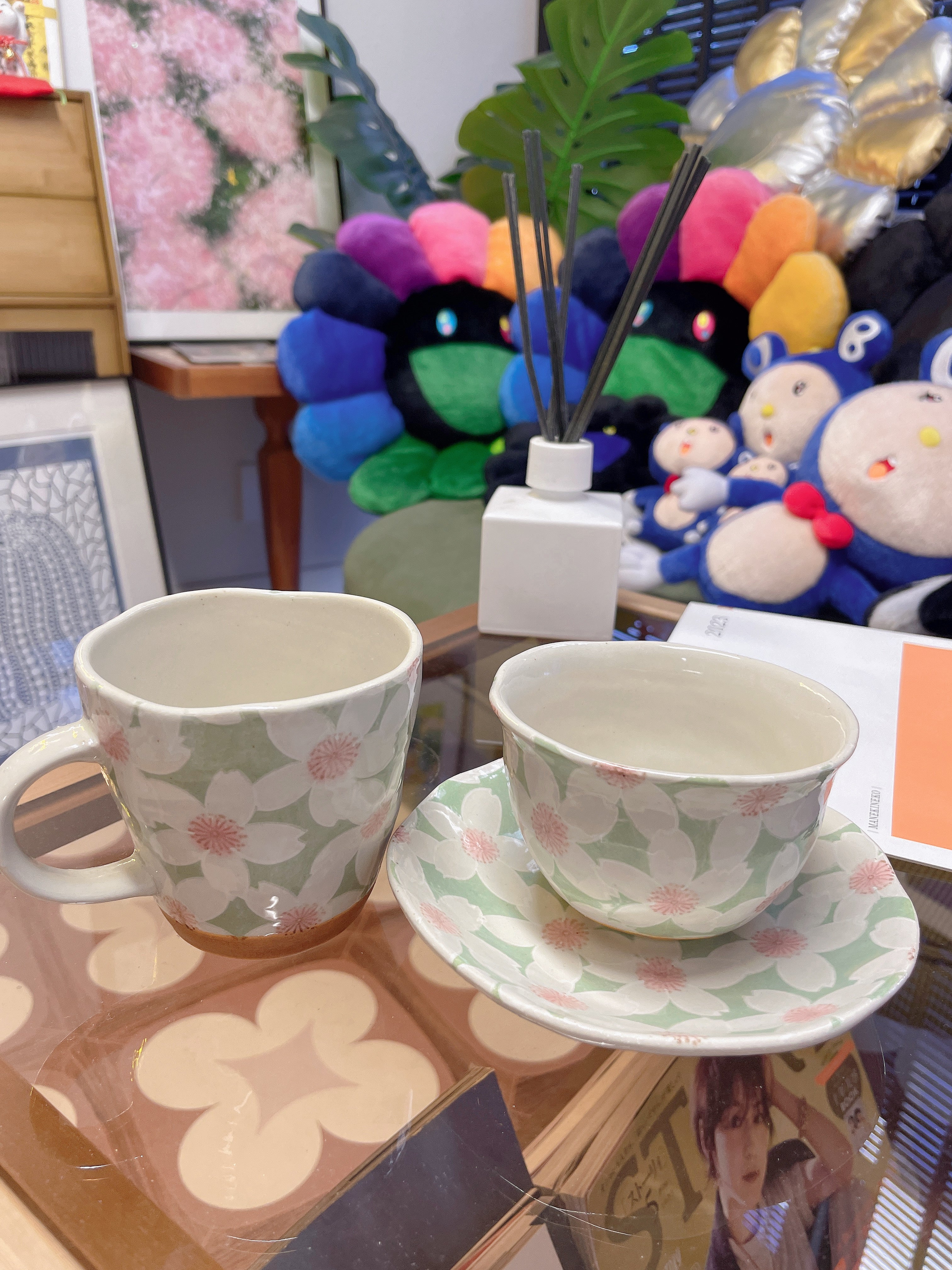 日本 濑户烧繁花手绘 手作釉下彩绘陶瓷花卉 茶杯碟子咖啡杯三件套50239