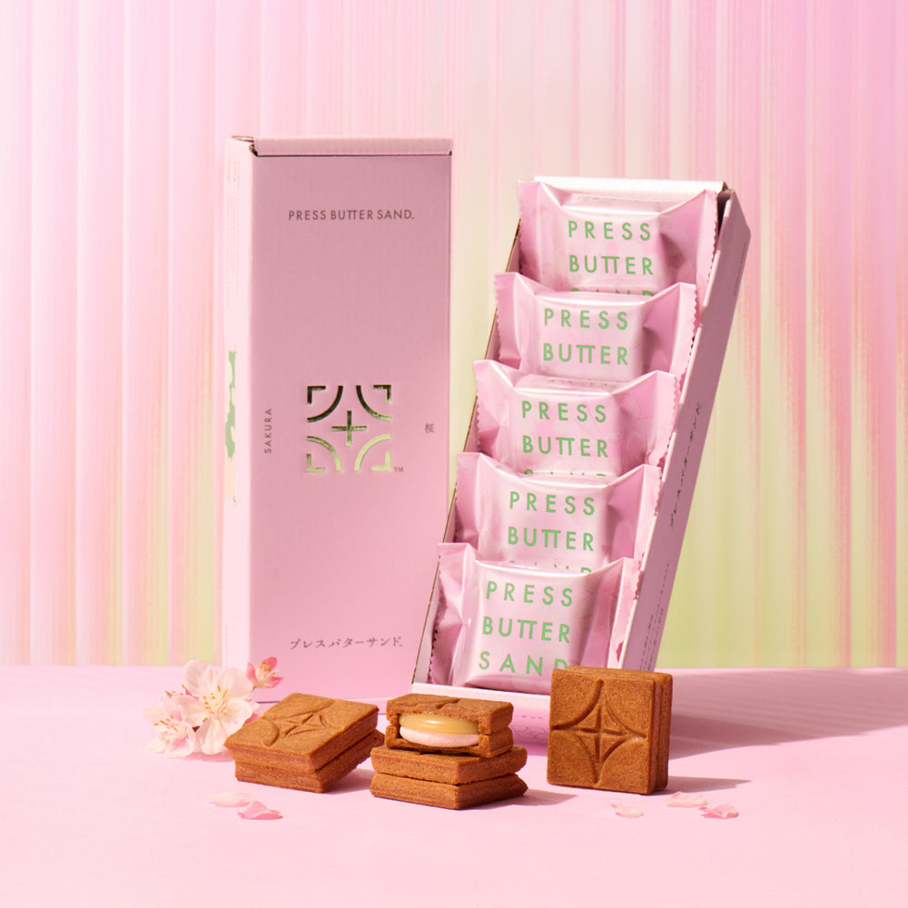 日本press butter sand 奶油夹心饼干 粉色樱花季限定 樱花黄油三明治饼干 5枚入（赏味期限：03/20/26y）