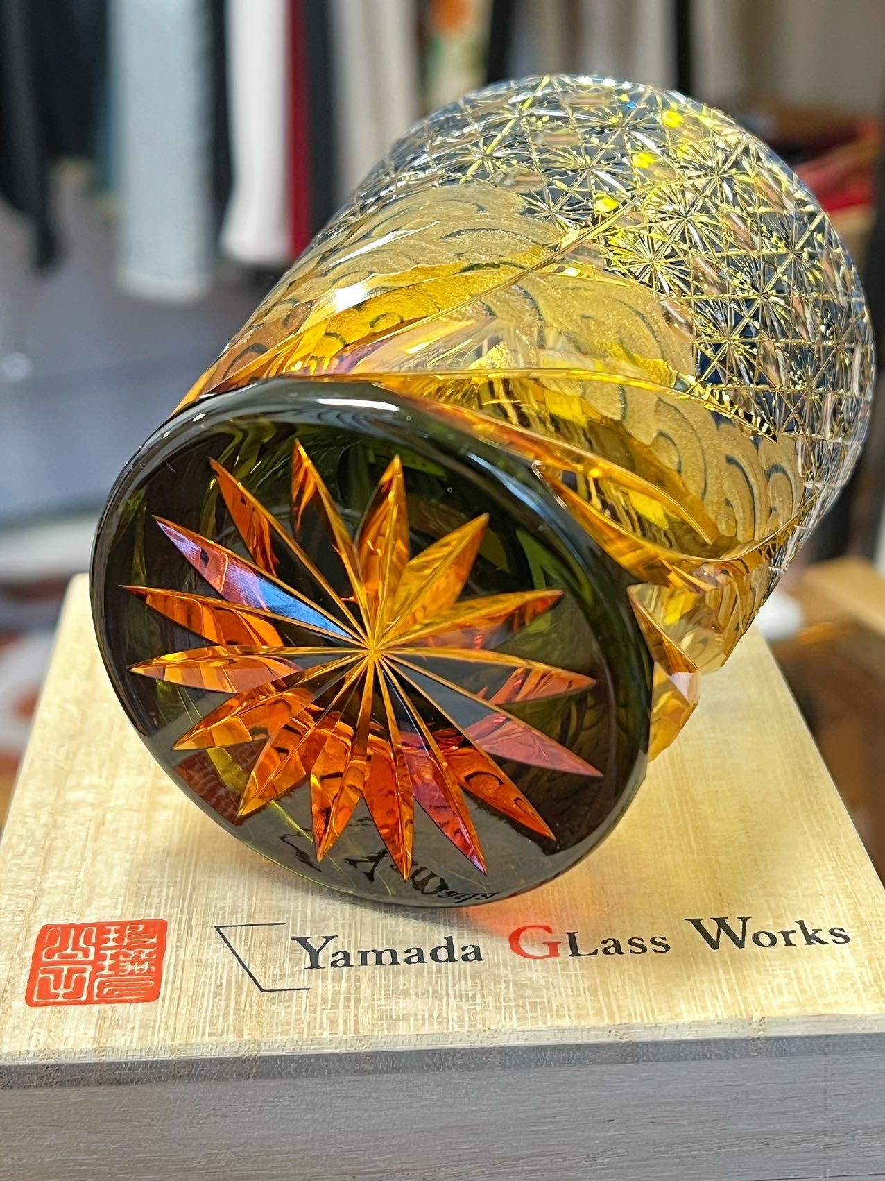 日本Yamada山田硝子 江户切子  漣系列 威士忌杯 琥珀藍 YG00017 约260ml