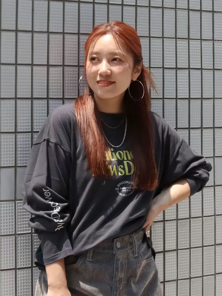 日本 Ungrid彩色徽标圆领字母 长袖T恤  均码