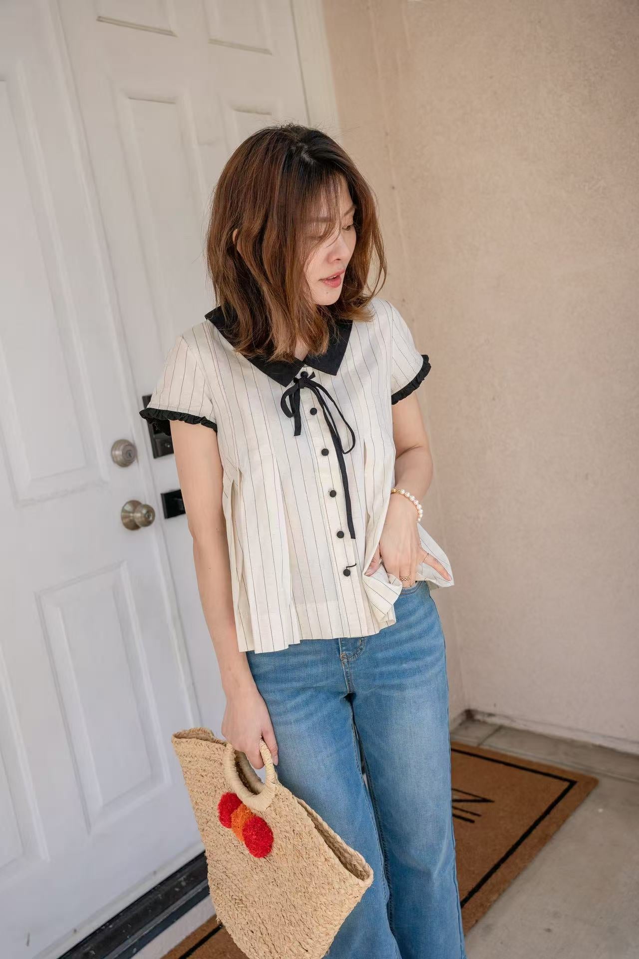 【Riko's collection】日系可爱V领蝴蝶结上衣  （梨子166/100斤穿S）S/M2个尺码可选