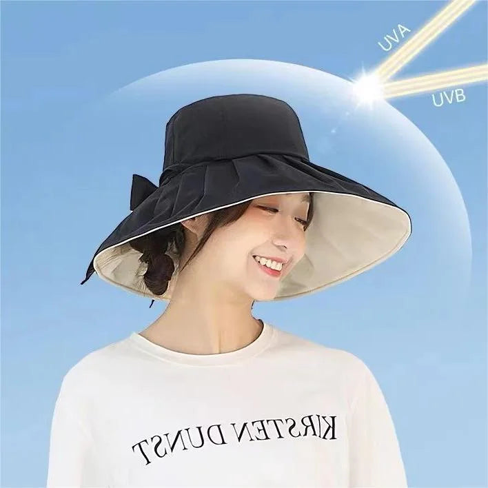 日本 NEEDS UV CUT 双面可戴 大帽檐 多功能飘带设计可折叠 时尚防晒帽 UPF50+ （黑色X米色）
