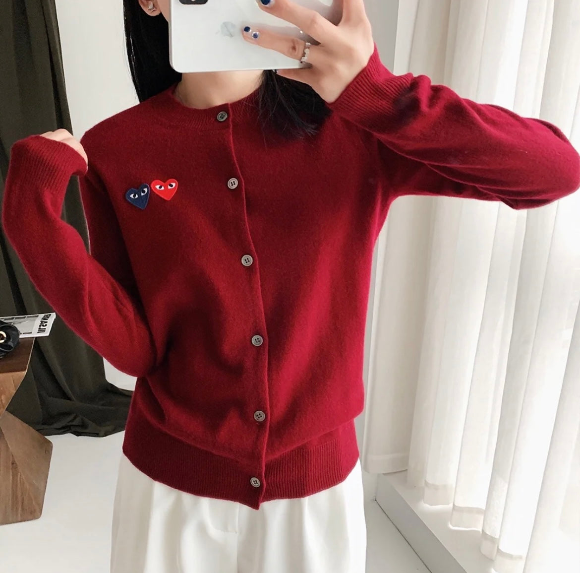 COMME des GARÇONS 川久保玲羊毛衫/开衫圆领【酒红色双心❤️】