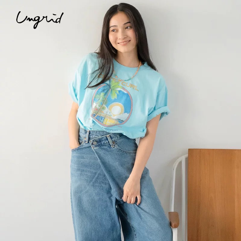 日本ungrid春季新品  棕榈树 女士夏季宽松印花T恤