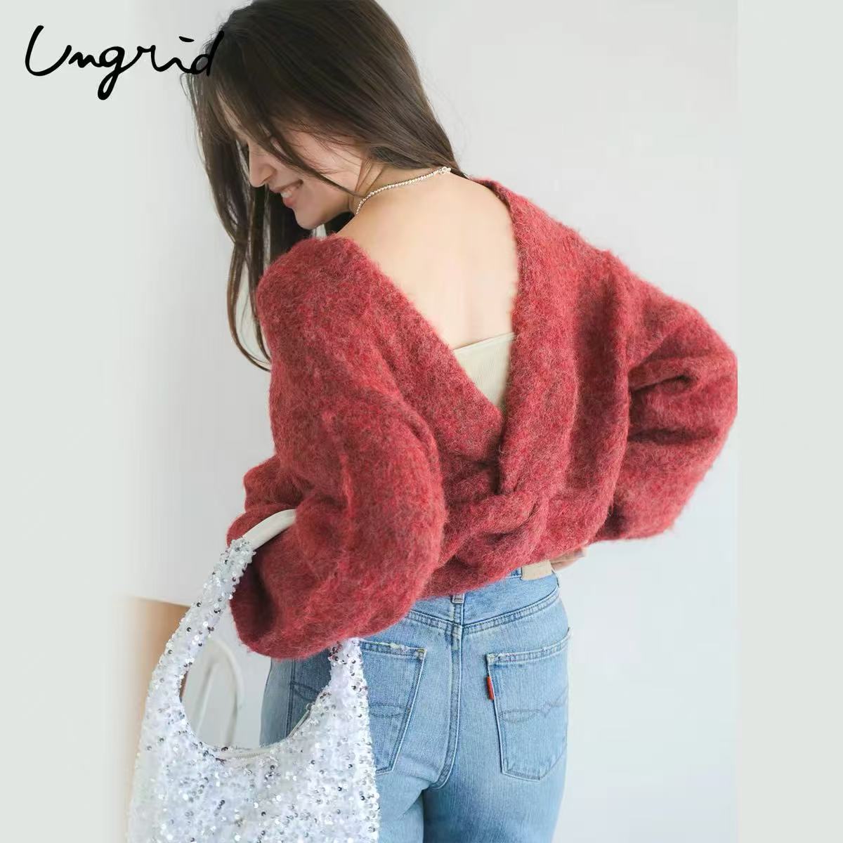 日本ungrid 秋冬新品 露背叠穿针织衫 均码 白色/红黑花色