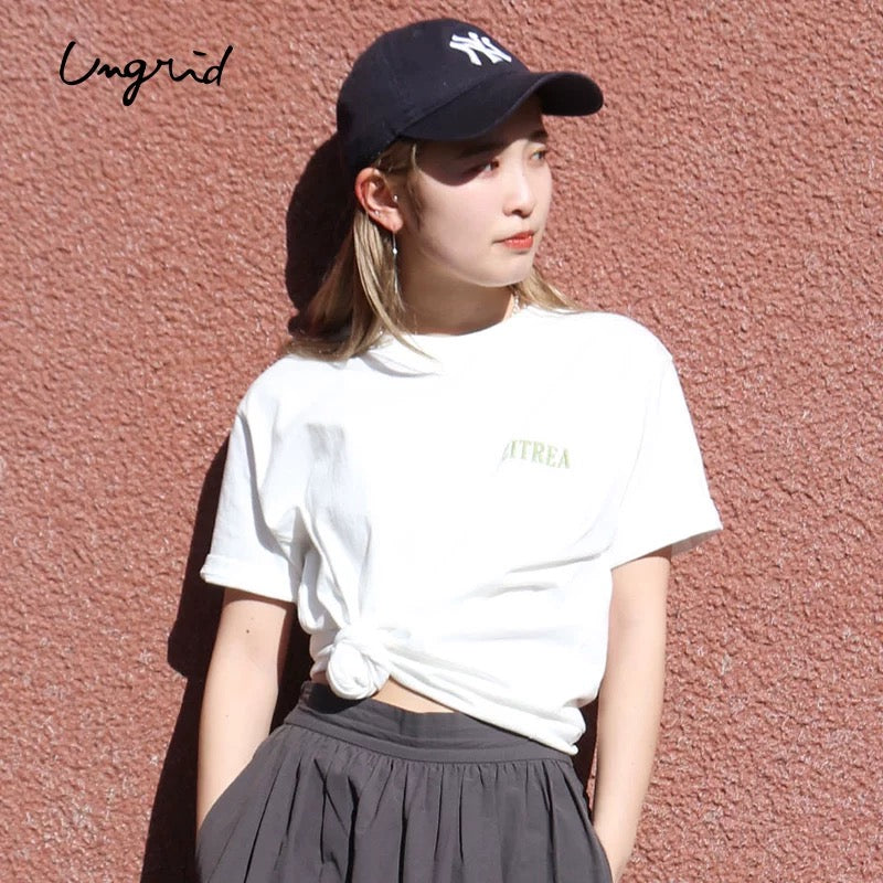 日本ungrid春季新品  女士夏季纯色纯棉马卡龙色刺绣短袖T恤上衣