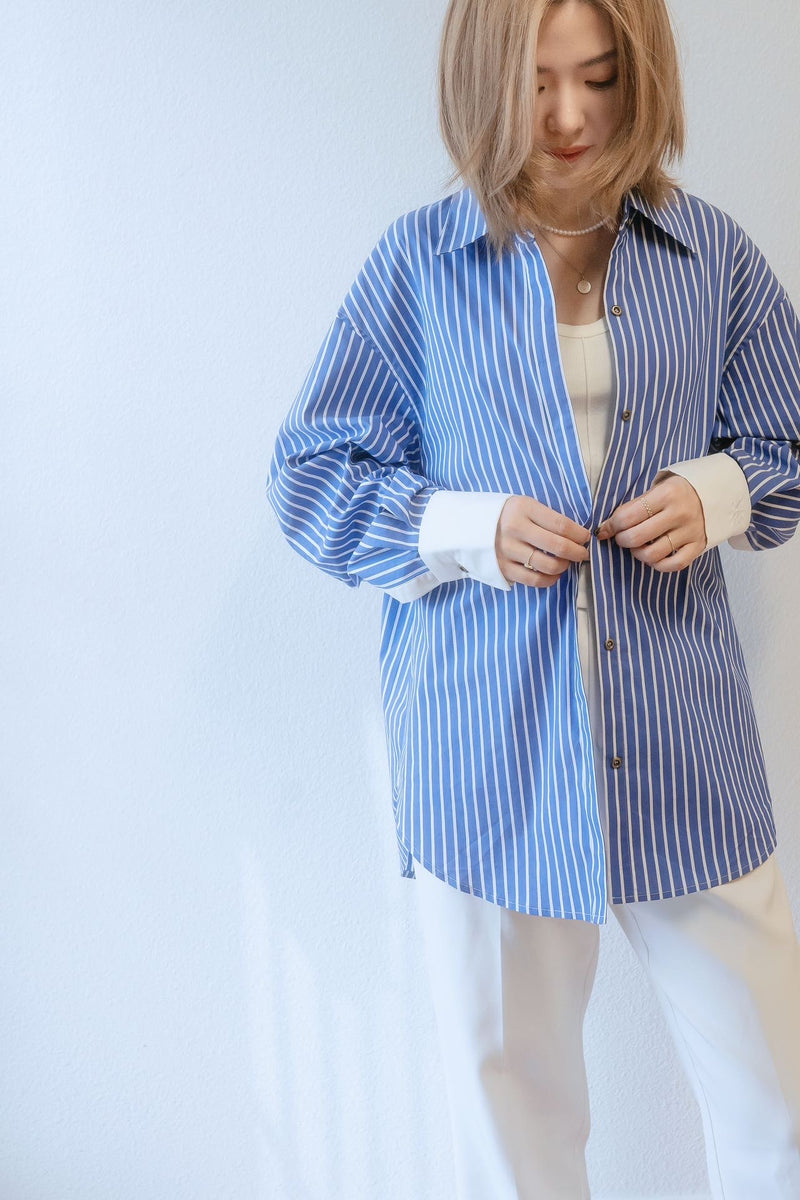 【Riko's collection】女士长袖 复古蓝色条纹衬衫 定制刺绣男友风条纹衬衫内搭上衣 胸围121cm