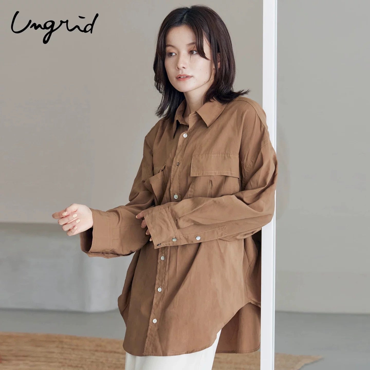 日本ungrid秋季新品 慵懒风 oversize 大口袋落肩长袖衬衫 均码