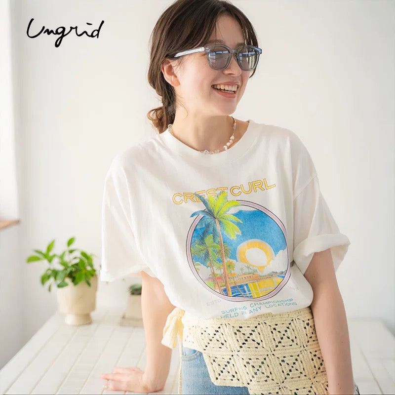 日本ungrid春季新品  棕榈树 女士夏季宽松印花T恤