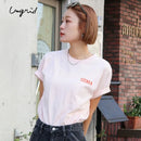 日本ungrid春季新品  女士夏季纯色纯棉马卡龙色刺绣短袖T恤上衣