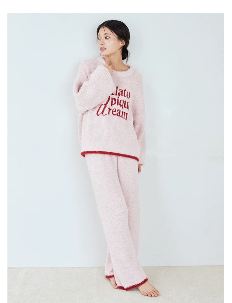 gelato pique 25年秋冬新品 羽毛纱字母撞色 家居服套装 树莓粉
