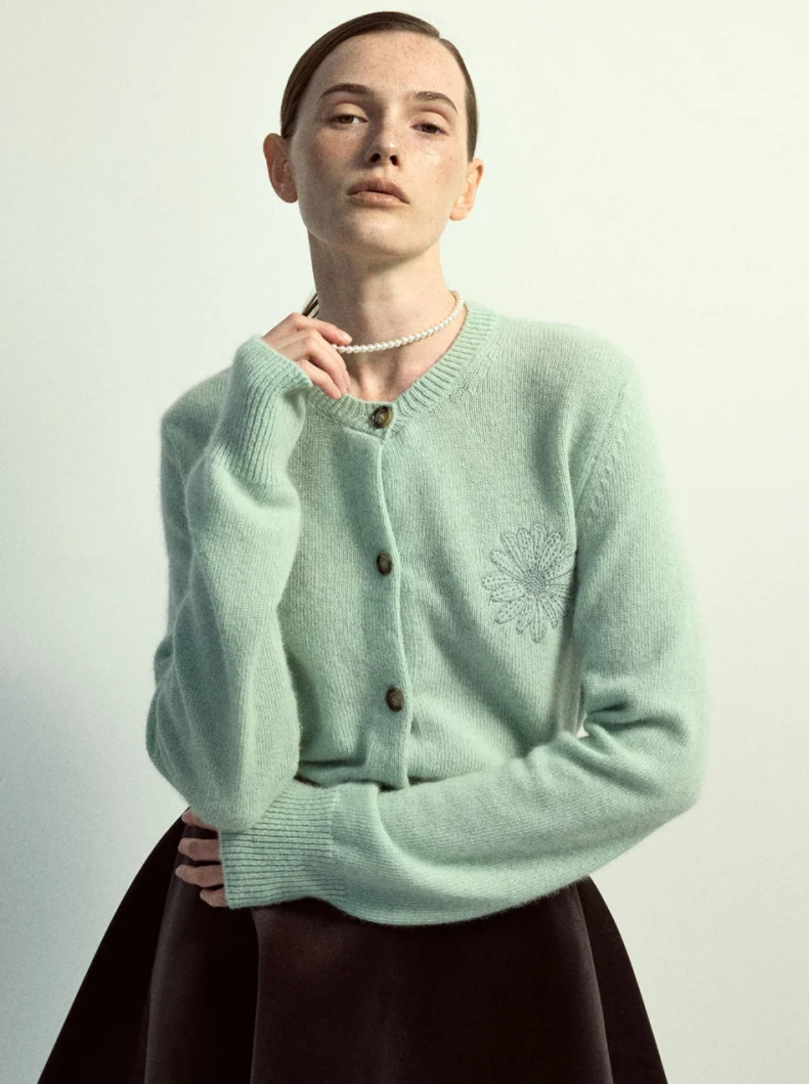 韩国Mardi Mercredi 小雏菊  毛衣 薄荷绿圆领 绿色花花