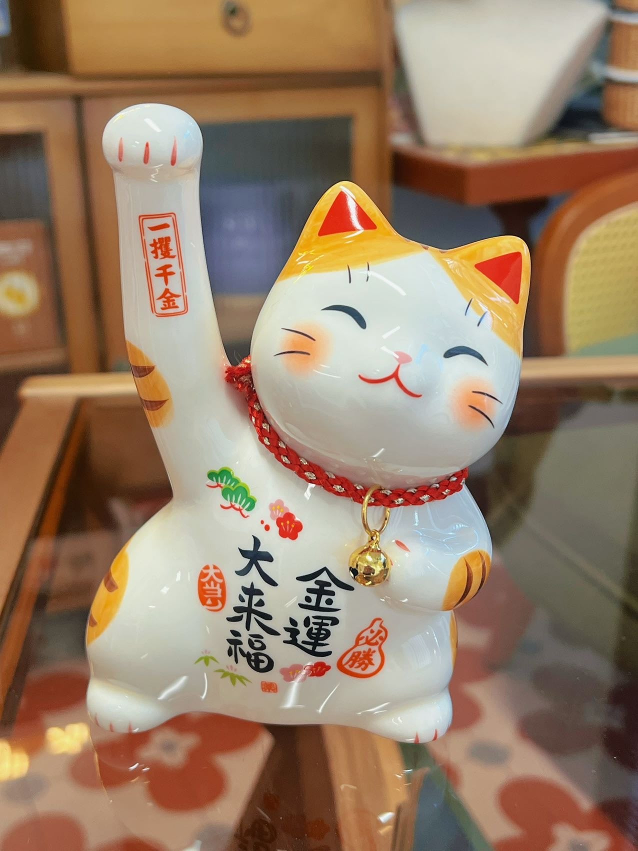 日本薬師窯招财猫彩绘必胜金运招财猫大号H14.5×W12×D12cm