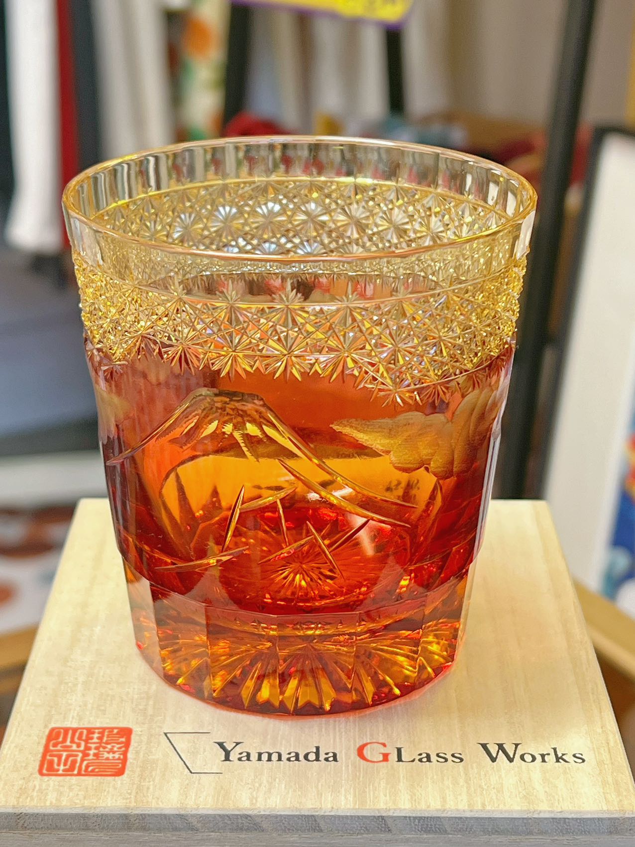 日本Yamada山田硝子 江户切子  山下白雨系列 威士忌杯 琥珀金赤色 约260ml