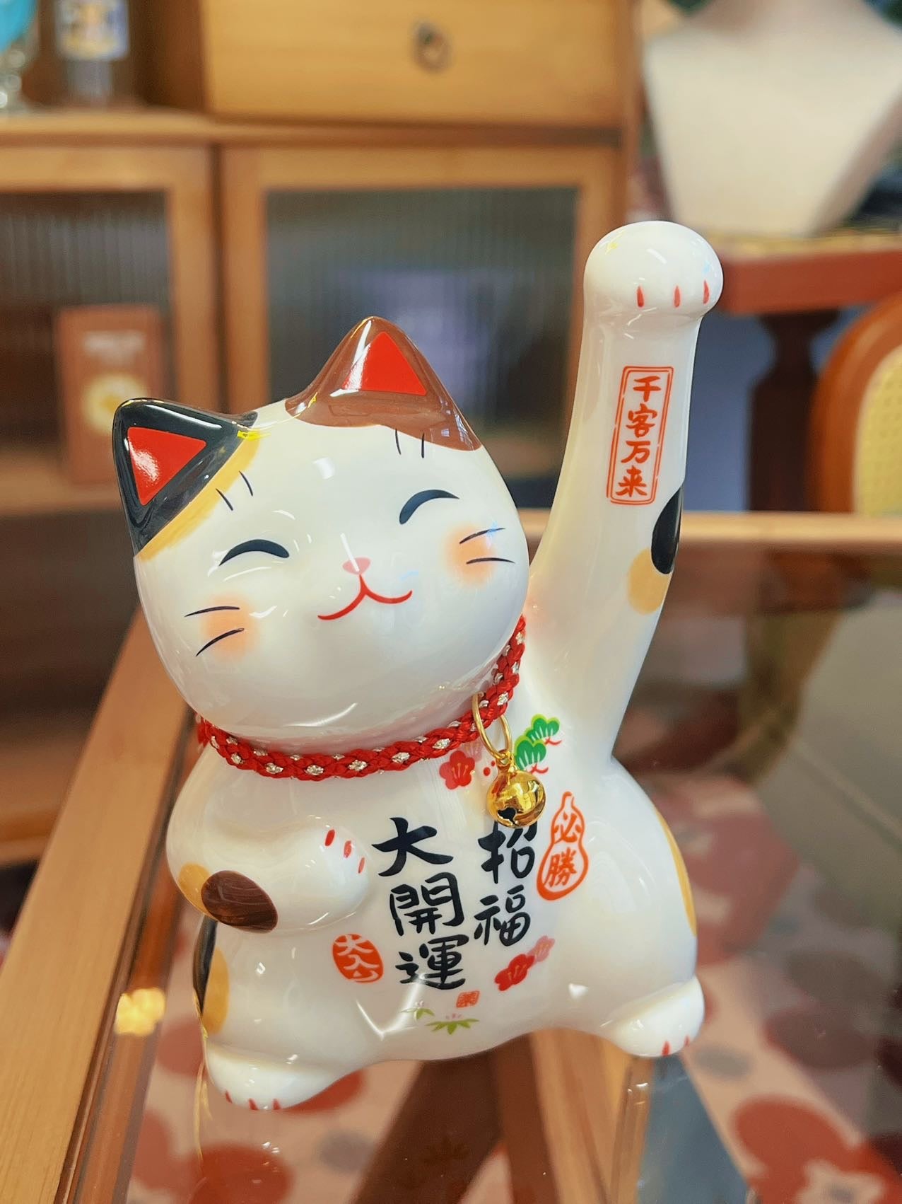 日本 薬師窯 招财猫 彩绘必胜 金运招财猫 大号  H14.5×W12×D12cm