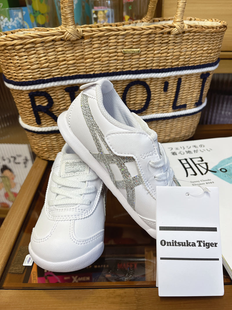 Onitsuka Tiger鬼冢虎 儿童款 银色亮片条纹 双侧开口 宽版【材质：人造革+合成纤维】