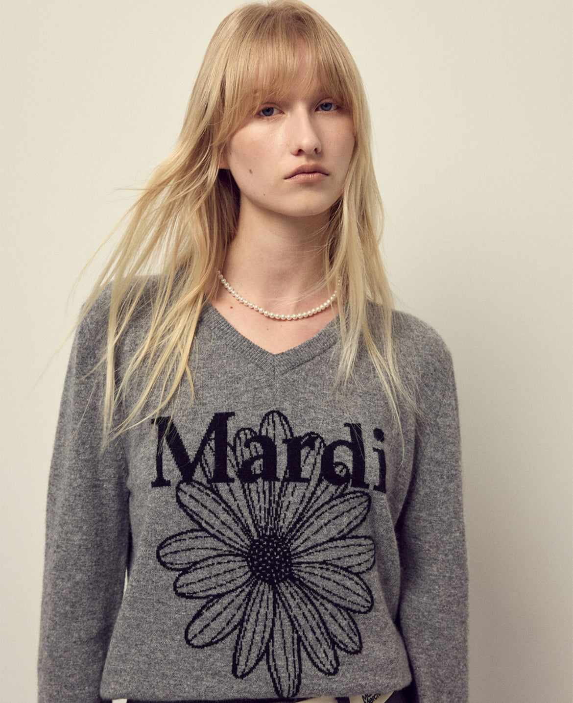 韩国 Mardi Mercredi 小雏菊V领毛衣 灰色黑雏菊 均码