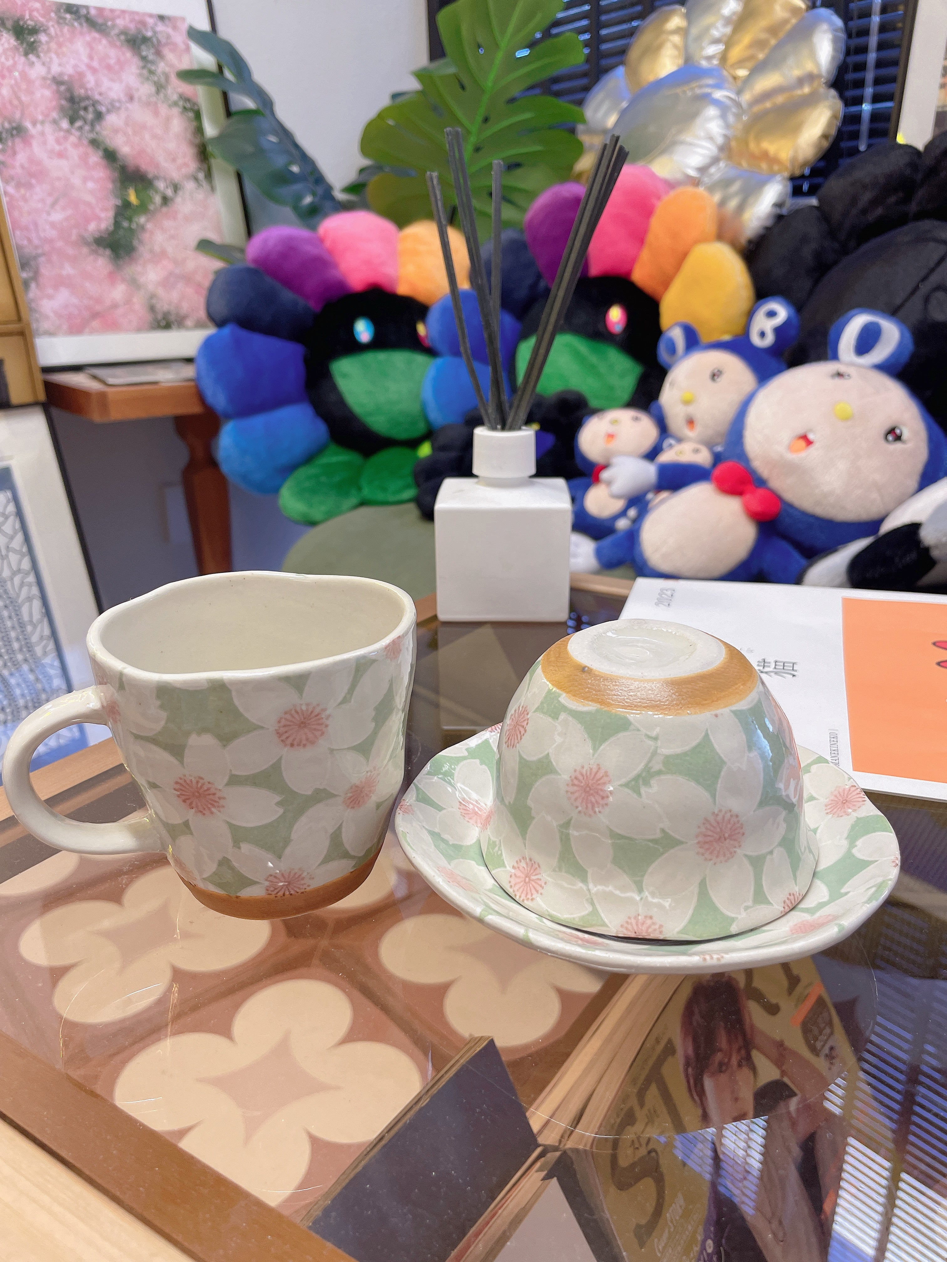 日本 濑户烧繁花手绘 手作釉下彩绘陶瓷花卉 茶杯碟子咖啡杯三件套50239