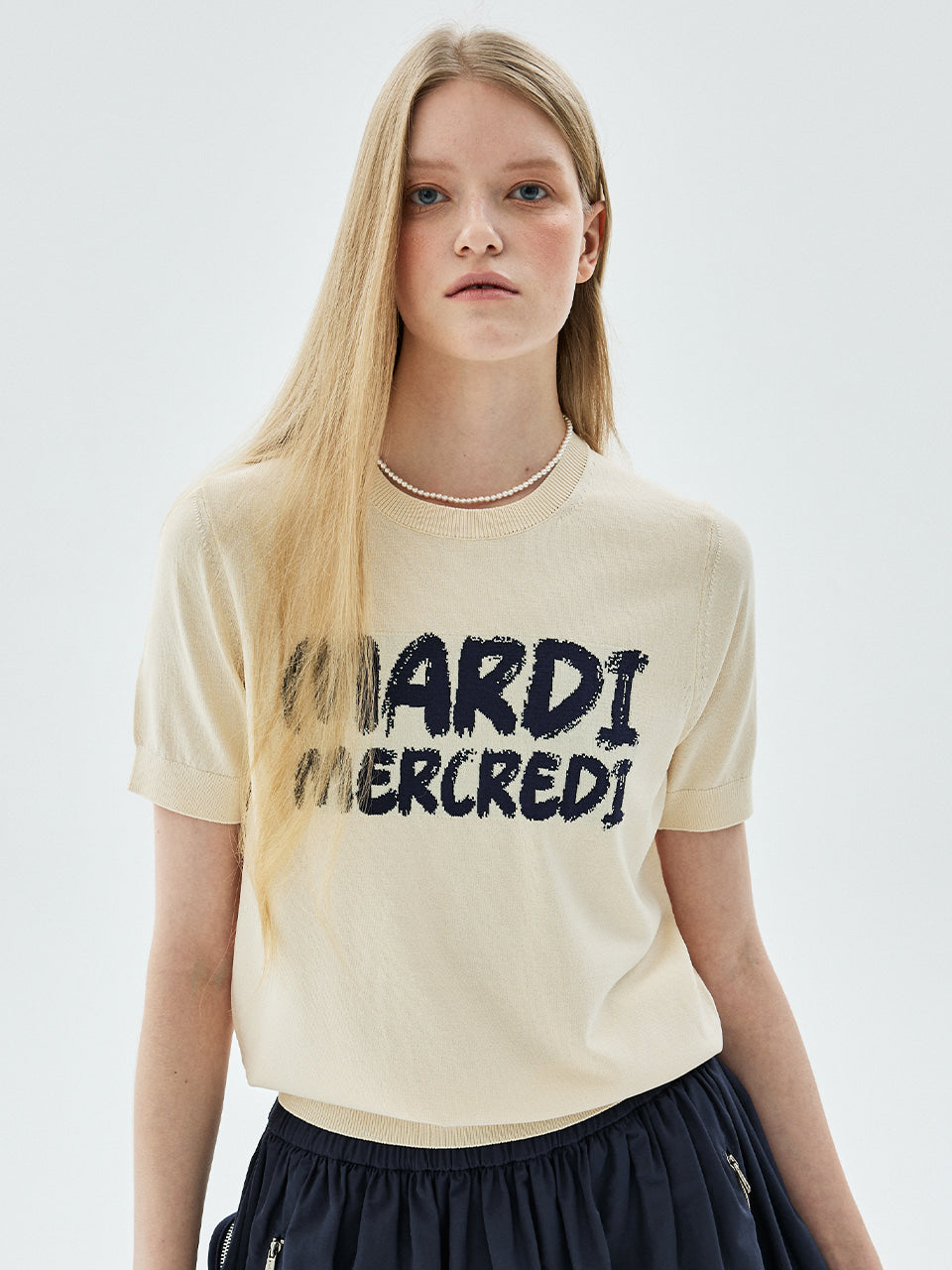 Mardi Mercredi Actif Brush Logo Knit Top Short Sleeve Cream Navy One Size 韩国Actif系列 涂鸦书写针织短袖 奶油藏蓝 均码