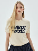 Mardi Mercredi Actif Brush Logo Knit Top Short Sleeve Cream Navy One Size 韩国Actif系列 涂鸦书写针织短袖 奶油藏蓝 均码