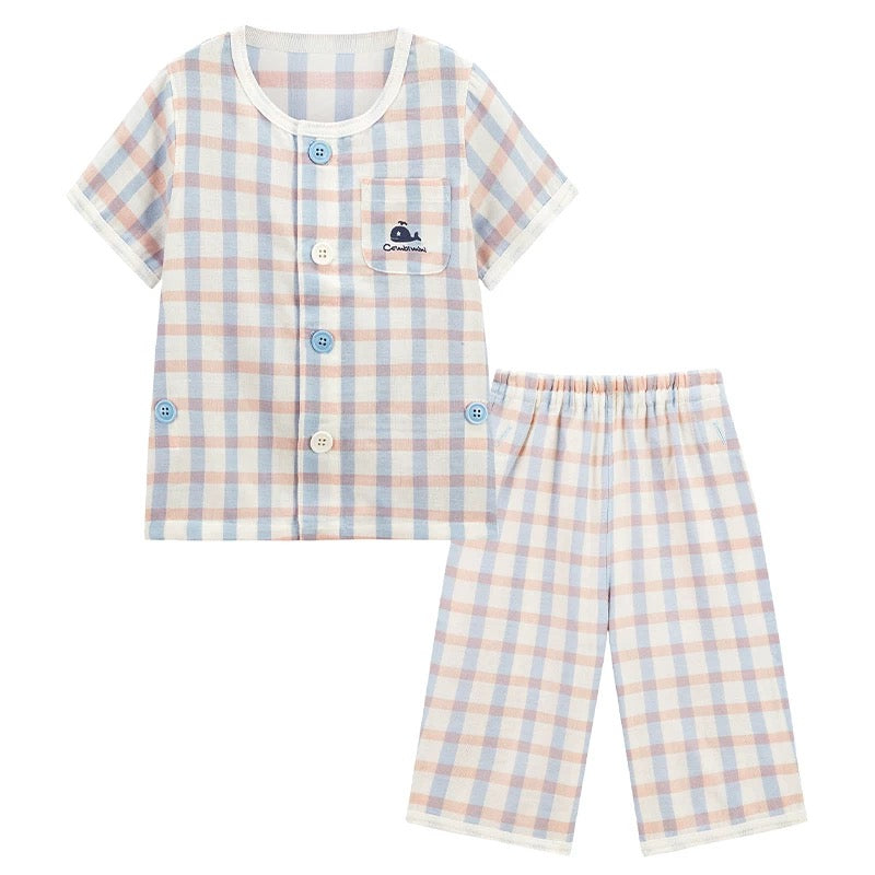 日本 combimini  新款超柔纱布棉 格子小鲸鱼家居服套装