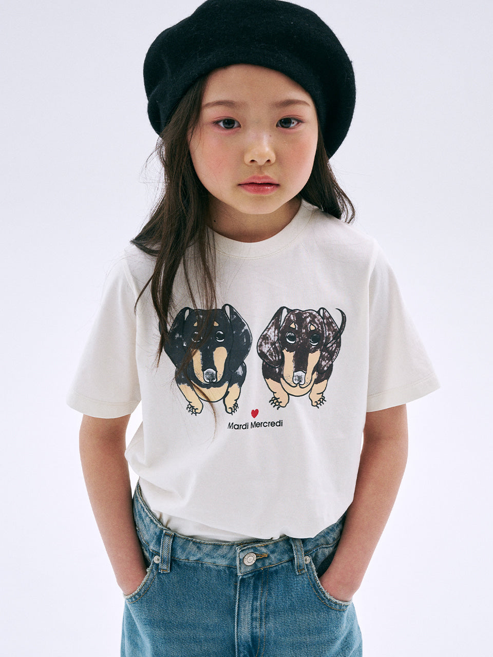 Mardi Mercredi Kids Tshirt Drawing Ddanji Twin Cream 韩国 儿童纯棉T恤 画作双胞小狗 奶油色