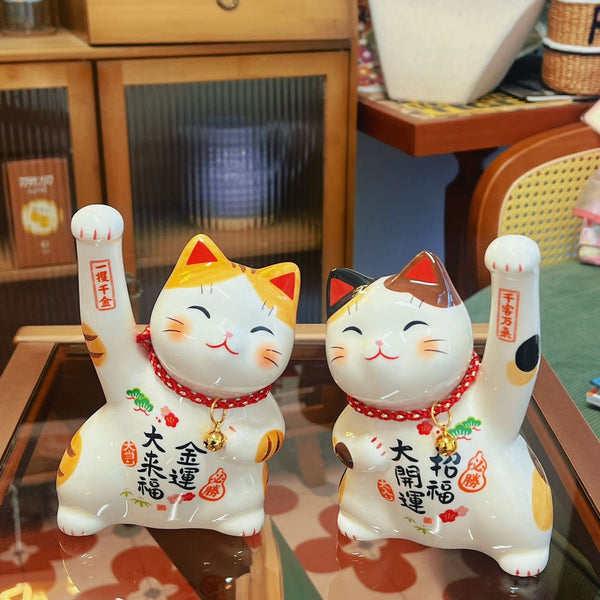 日本薬師窯招财猫彩绘必胜金运招财猫大号H14.5×W12×D12cm