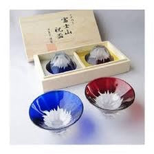 日本 田岛硝子 富士山祝福杯 祝盃套装  红蓝套装 木盒装