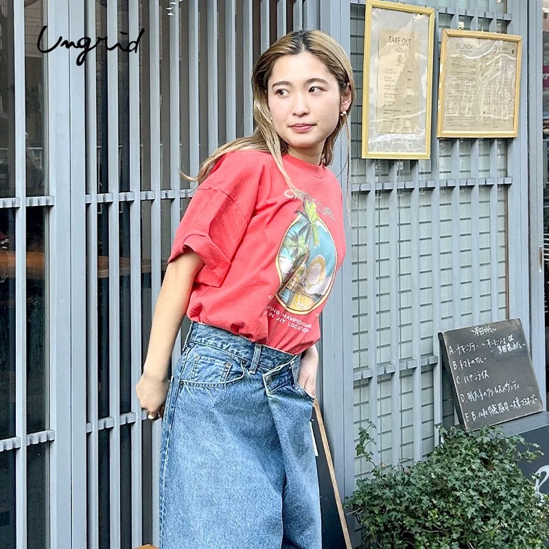 日本ungrid春季新品  棕榈树 女士夏季宽松印花T恤